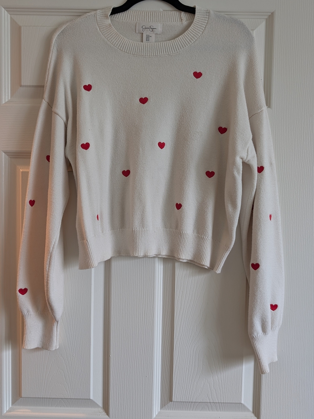 Jessica Simpson Cream Crewneck Sweater with Red Heart Motif
